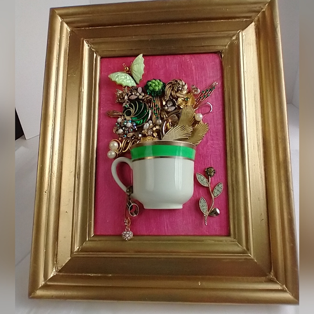 Home Decor Vintage gold jewelry art upcycled hand crafted Framed cottage…